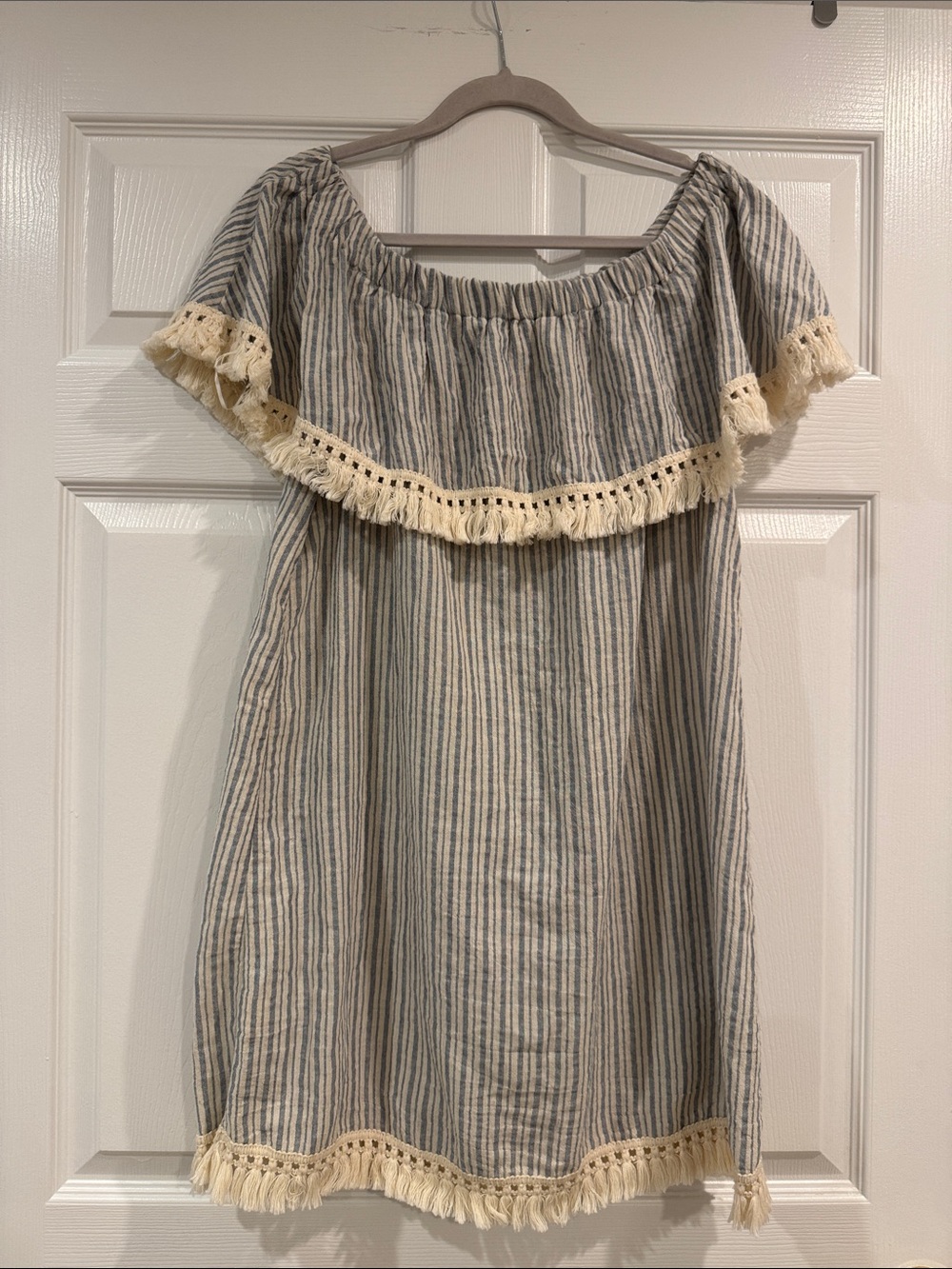 Hem and Thread Striped Off-Shoulder Dress with Fringe - Blue & Cream